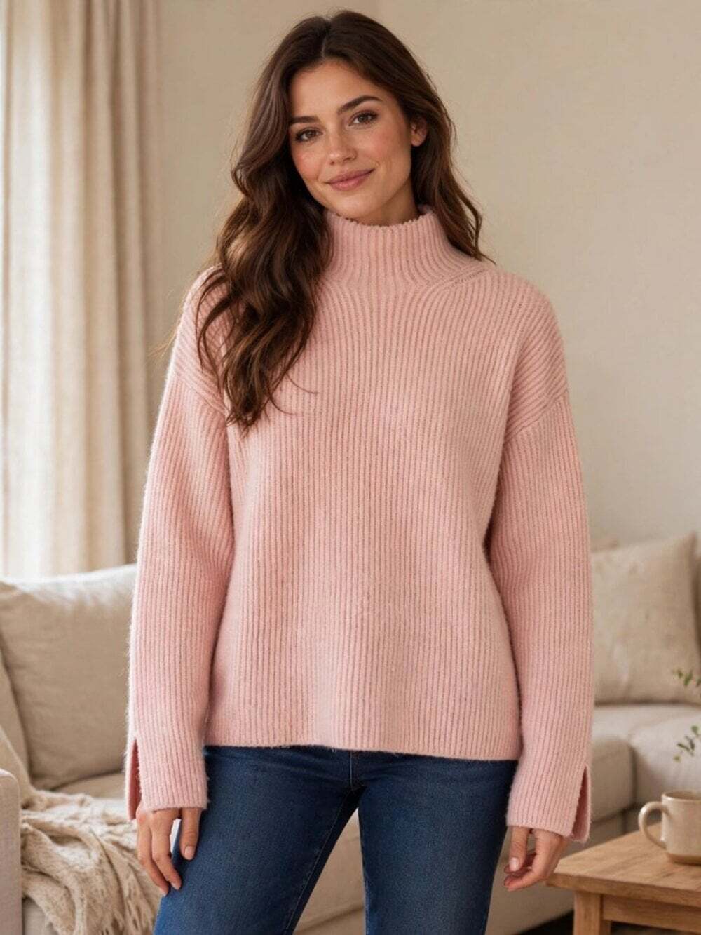 Pink Ribbed Mock Neck Sweater Oversized Cozy Knit Wool Blend | XS